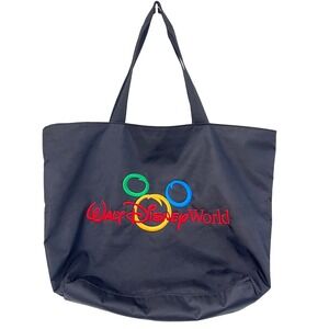 Vintage Walt‎ Disney World Black Nylon Tote Bag Embroidered Mickey Mouse Zip Top